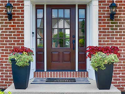 Close up of a brown, Therma-Tru front door